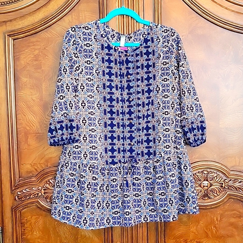GREEN 🫛 PEA bohme Unique Print sz L Blue Top Tunic NWT Darling flounce